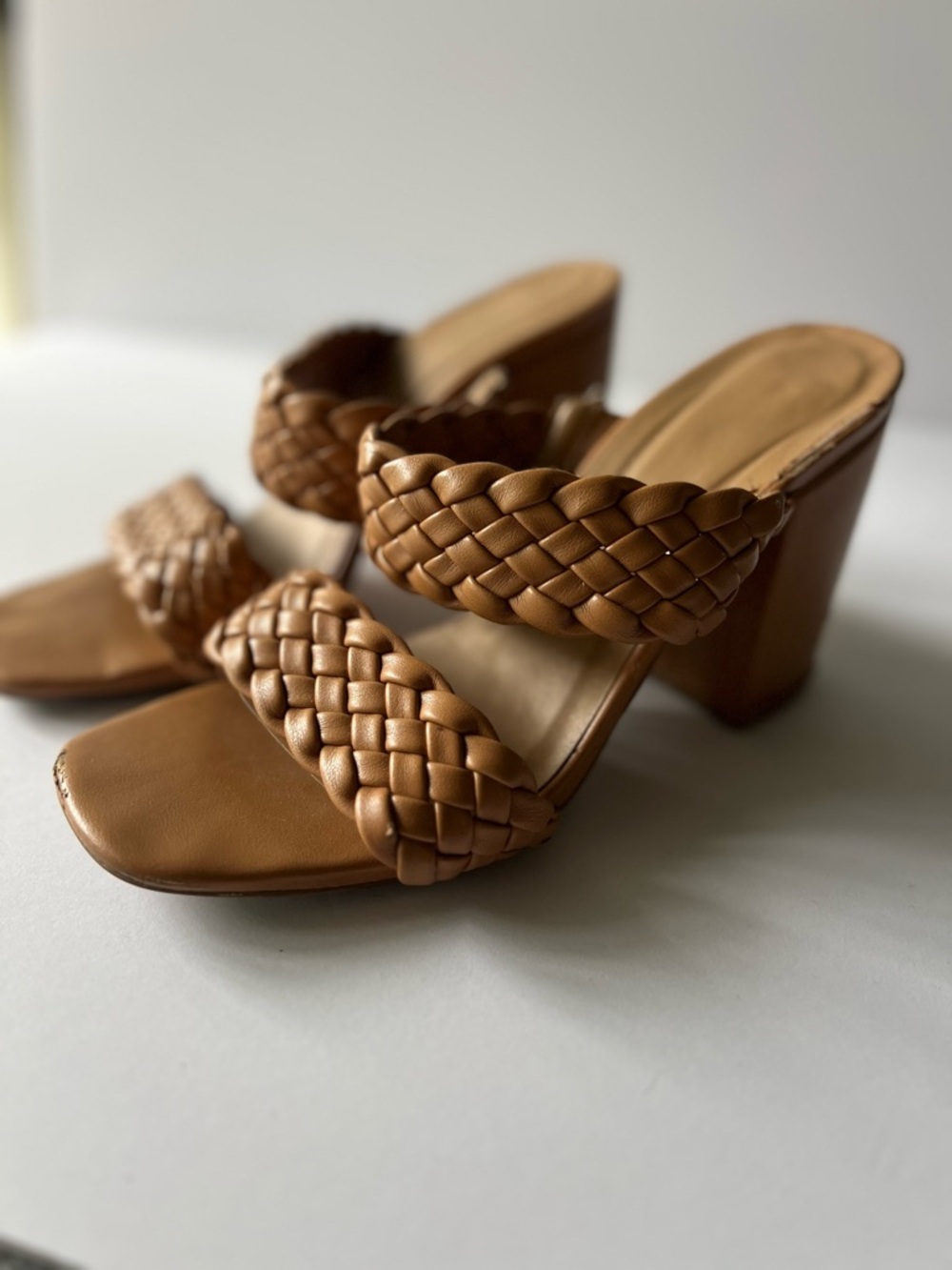 OOTDFash Caramel Braided Double-Strap Block Heel Sandals